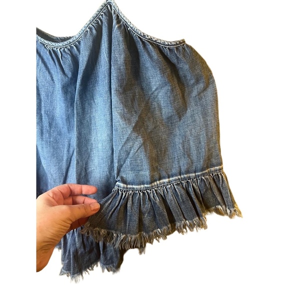 Denim Cotton Blouse Women Size L Embroidered Off Shoulder Ruffle Embroidered Y2K - Picture 6 of 9